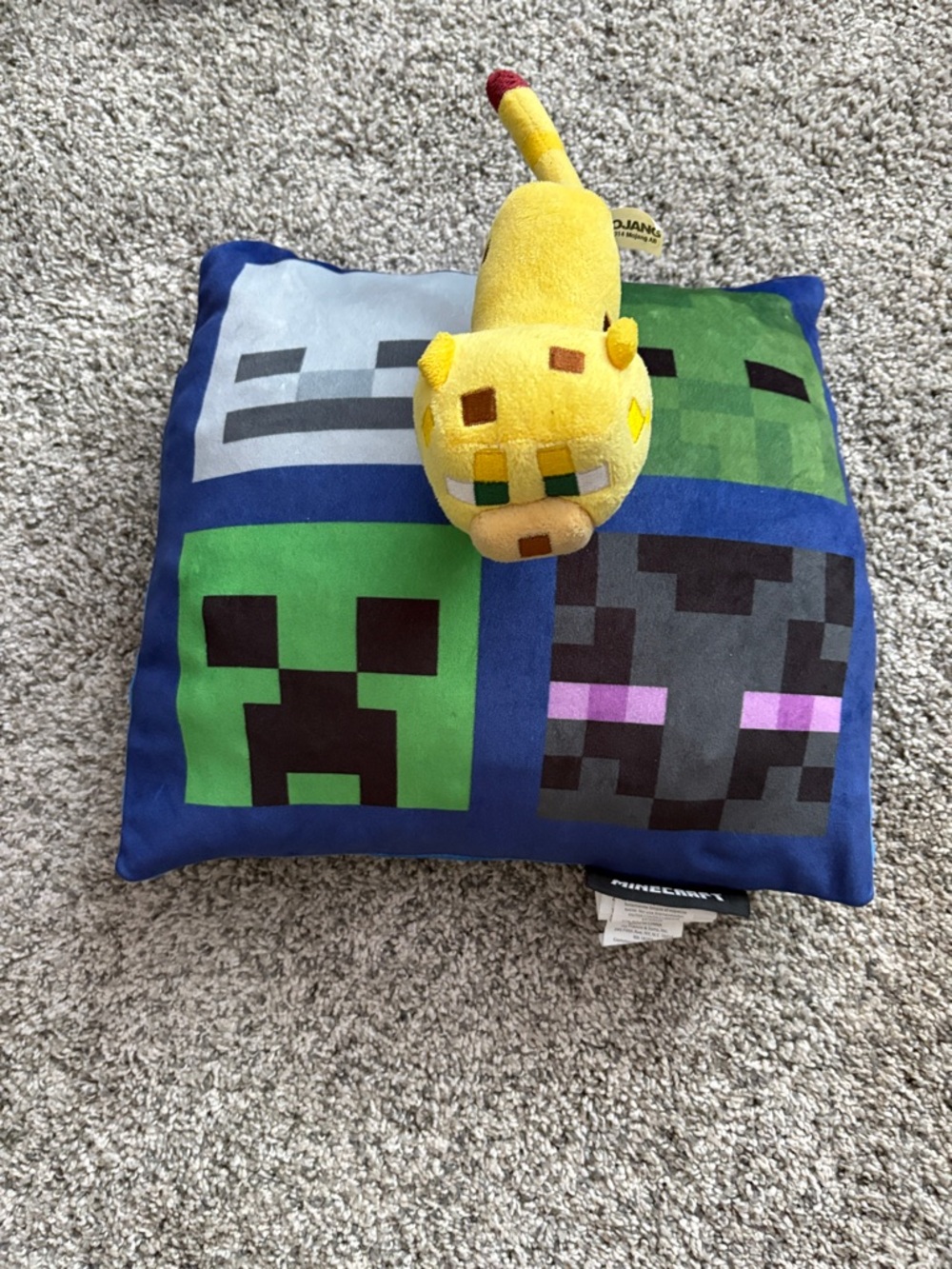 Minecraft Yellow Ocelot Plush with Blue Pixel Cushion - Official Minecraft